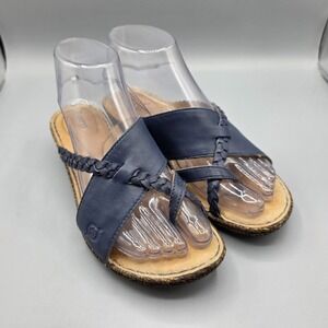 Born Sandals Womens 7 Navy Blue Leather Wedge Heel Thong Toe Loop Slide Braided